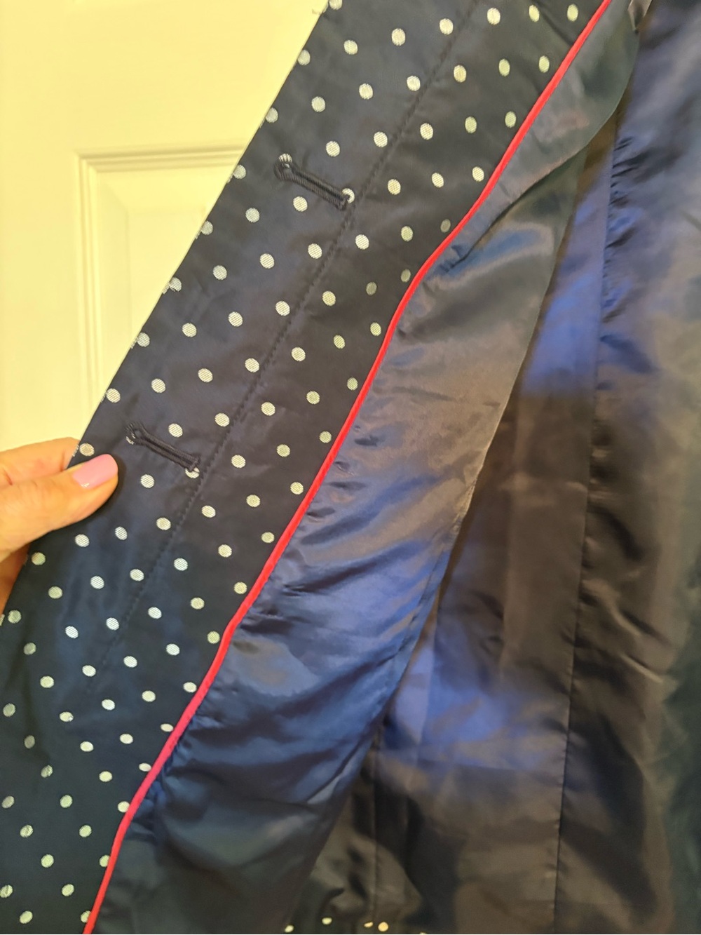Talbots Navy and White Polka Dot Button Rain Jacket. Like New Condition - Picture 3 of 4